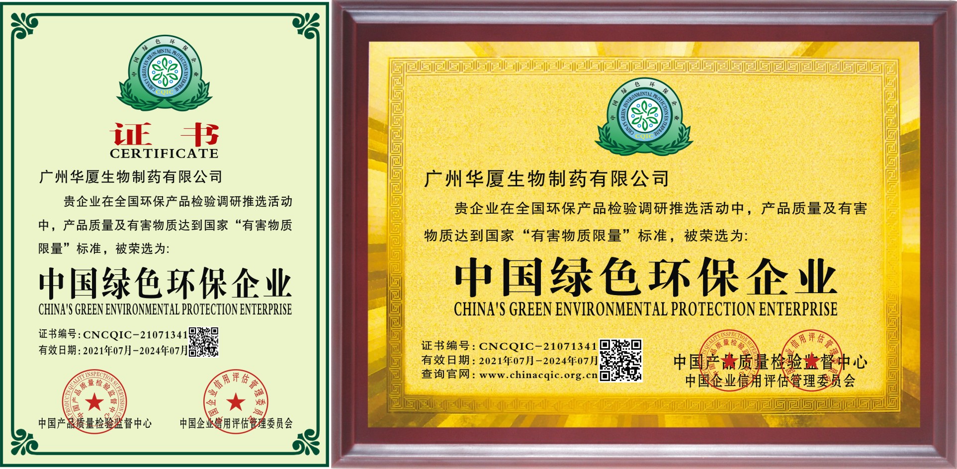 中國綠色環保企業證書